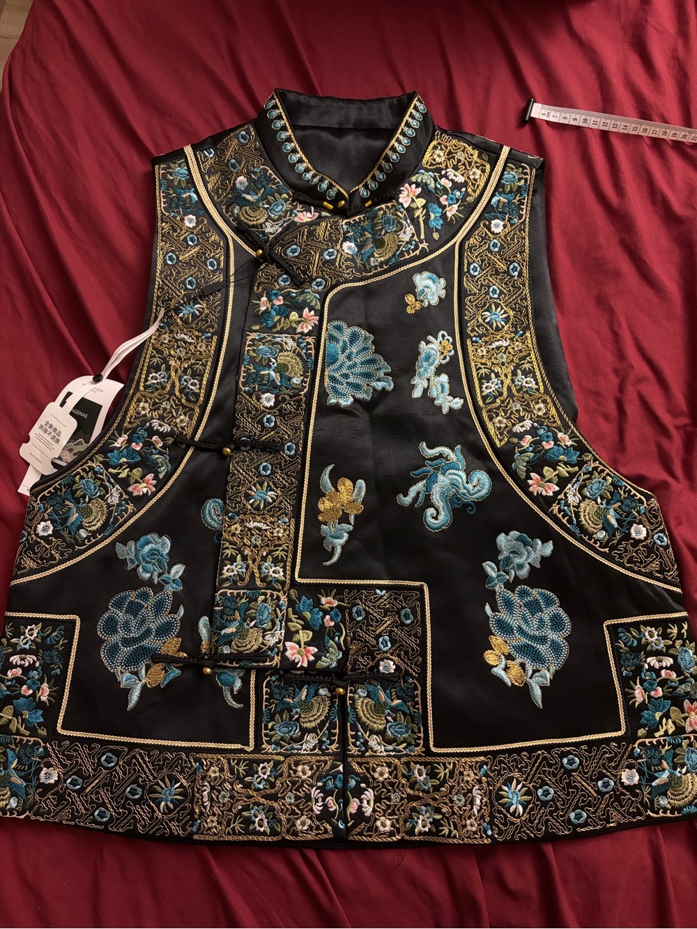 Embroidered Mandarin Collar Black Vest with Blue & Gold Floral Motifs